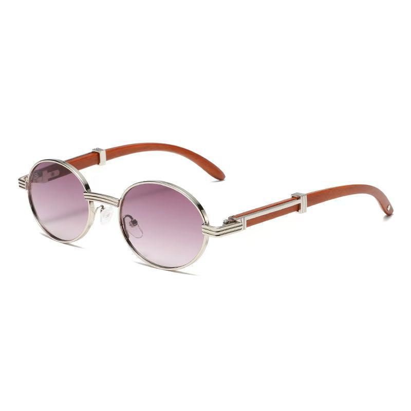Oval Metal Sunglasses Wood-Grain Finish