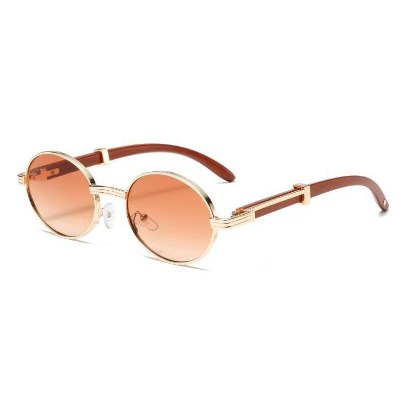 Oval Metal Sunglasses Wood-Grain Finish