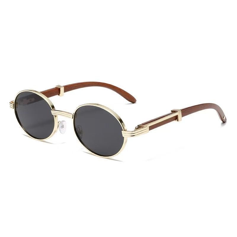 Oval Metal Sunglasses Wood-Grain Finish