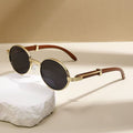 Oval Metal Sunglasses Wood-Grain Finish