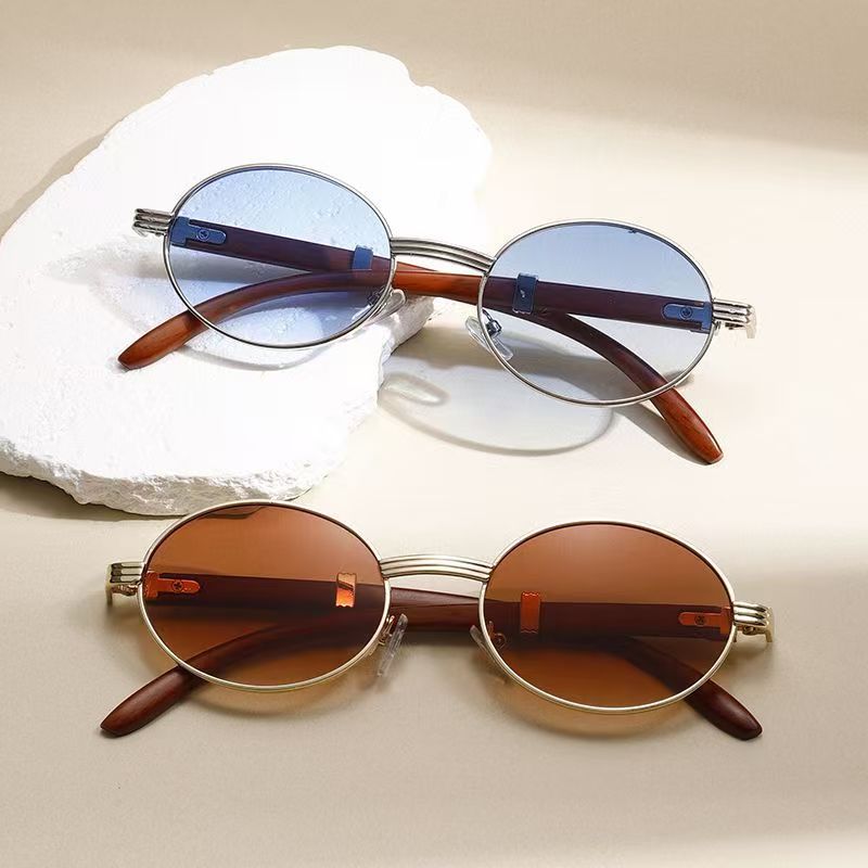 Oval Metal Sunglasses Wood-Grain Finish
