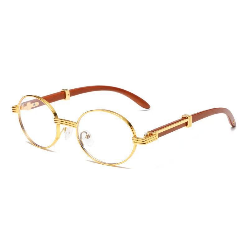 Oval Metal Sunglasses Wood-Grain Finish
